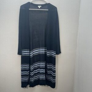 J Jill Cardigan Sweater Womens M Navy Knit Midi Coastal Linen Open Duster Kimono